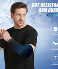 Heavy Duty Cut Resistant Arm Sleeves, Anti Puncture High Risk Guard For Thin Skin, Advanced Weave Featuring Seamless Stitching, Black One Size, worn by man with dark shirt.