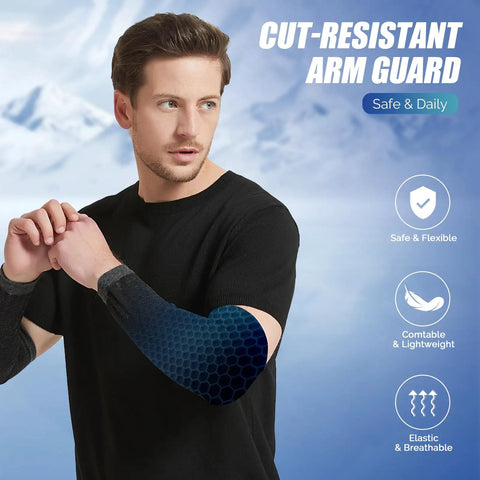 Heavy Duty Cut Resistant Arm Sleeves, Anti Puncture High Risk Guard For Thin Skin, Advanced Weave Featuring Seamless Stitching, Black One Size, worn by man with dark shirt.