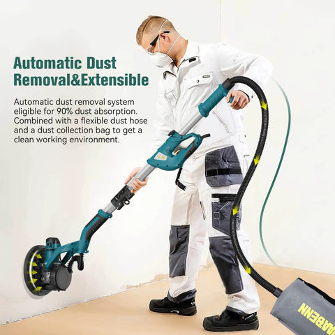 Person using Foldable Drywall Sander With LED Work Light and Auto Vacuum, 750W Motor on a wall