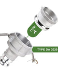 Kickass Industrial Grade Aluminum Camlock Fittings Type Da Reducer Adapter 3 Inch Female To 2 Inch Male connector with type labels.