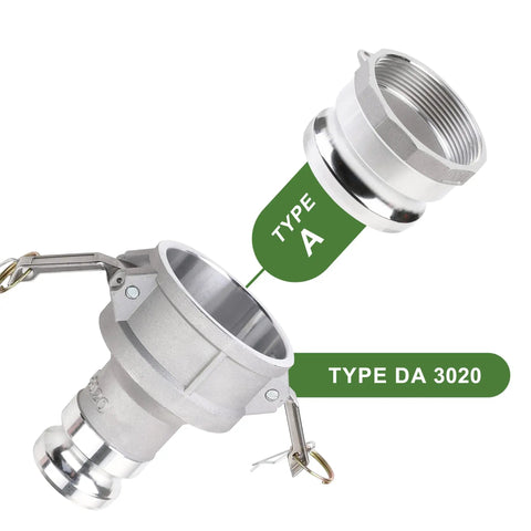 Kickass Industrial Grade Aluminum Camlock Fittings Type Da Reducer Adapter 3 Inch Female To 2 Inch Male connector with type labels.