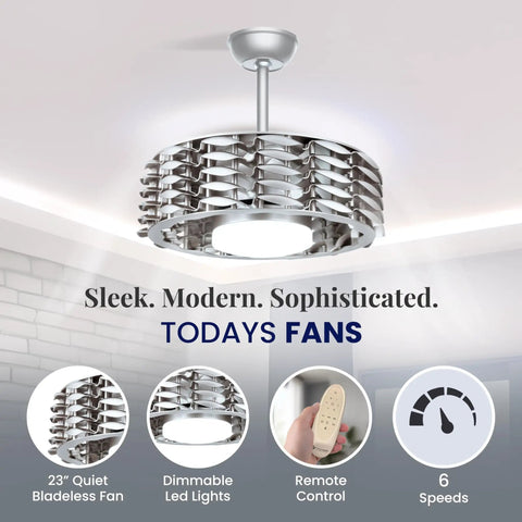 Bladeless Ceiling Fan With Lights And Remote, Oceano 23 Inch Low Profile Modern Ceiling Fan For Kids Room, Downrod Or Flush Mount, Dimmable LED, 6 Speeds, Reverse, Bronze Finish displayed in modern room with remote control.