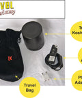 Travel Lamp White, Ultra Compact And Sturdy LED Light With 30,000 Hour Lifespan with accessories and travel bag displayed
