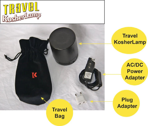 Travel Lamp White, Ultra Compact And Sturdy LED Light With 30,000 Hour Lifespan with accessories and travel bag displayed