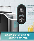Countertop Ice Maker Machine With External Water Tank, easy-to-operate panel, ice tray slot, auto clean feature in use, black.