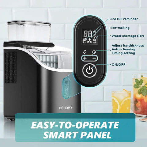 Countertop Ice Maker Machine With External Water Tank, easy-to-operate panel, ice tray slot, auto clean feature in use, black.