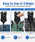 Inductance Tester For PCBs And Motherboard Coils Pro Grade Electronic Circuit Board Detector For PCB Repair And Phone Troubleshooting DIY Friendly Dual Pack Coil Tester W01 Compatible shown in three-step usage process.