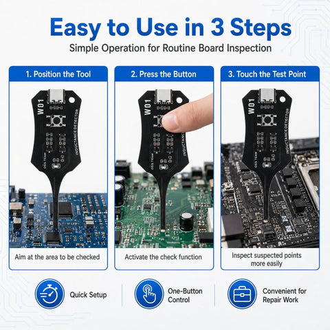 Inductance Tester For PCBs And Motherboard Coils Pro Grade Electronic Circuit Board Detector For PCB Repair And Phone Troubleshooting DIY Friendly Dual Pack Coil Tester W01 Compatible shown in three-step usage process.