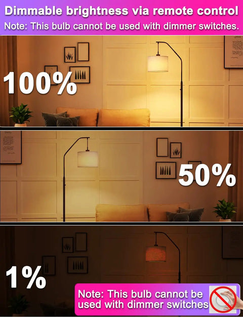 Lit Color Changing LED Light Bulbs 70W Equivalent A19 Base dimming demonstration with remote in living room