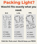 Packing guide for Waschii clothing, showing items for S-M, L-XL, and XXL sizes for travel convenience.