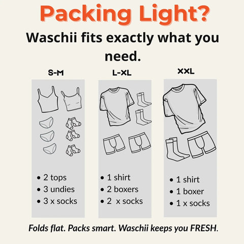 Packing guide for Waschii clothing, showing items for S-M, L-XL, and XXL sizes for travel convenience.