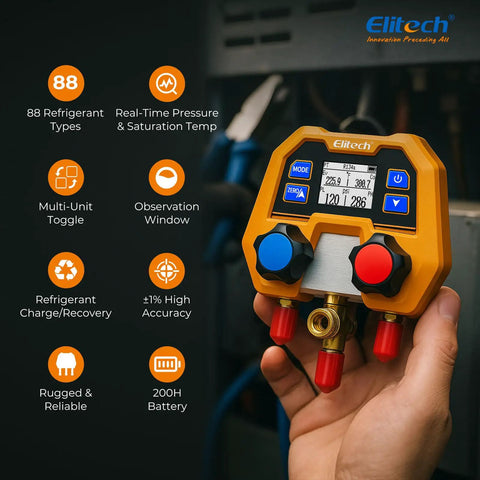 Digital Manifold Gauge For HVAC And Refrigeration Systems With 3 Ports LCD Display And Temperature And Pressure Readouts handheld