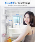 Woman next to a fridge with a 7 Cup Countertop Water Filter Pitcher With NSF Certification 200 Gallon Long Life Filter, Azure color.