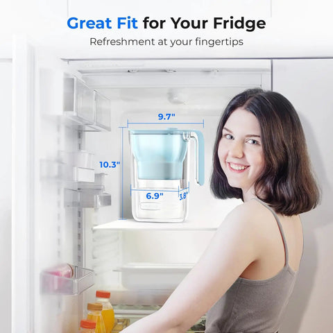 Woman next to a fridge with a 7 Cup Countertop Water Filter Pitcher With NSF Certification 200 Gallon Long Life Filter, Azure color.