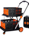 Bright orange collapsible shopping cart with two storage crates and tie down straps, 200 pound capacity, folding trolley with foot brake.