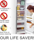 Image of an open refrigerator with a gray plush handle cover. Text highlights features of Plush Refrigerator Door Handle Covers 3 Piece Set Gray Soft Protectors For Fridge Microwave And Dishwasher Catches Drips Fingerprints And Dust Keeps Handles Clean Easy To Install.