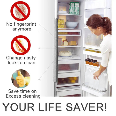 Image of an open refrigerator with a gray plush handle cover. Text highlights features of Plush Refrigerator Door Handle Covers 3 Piece Set Gray Soft Protectors For Fridge Microwave And Dishwasher Catches Drips Fingerprints And Dust Keeps Handles Clean Easy To Install.