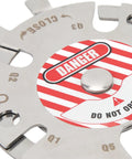 Close-up of Industrial Pneumatic Air Source Lockout Device With 304 Stainless Steel Connector showing danger warning label.