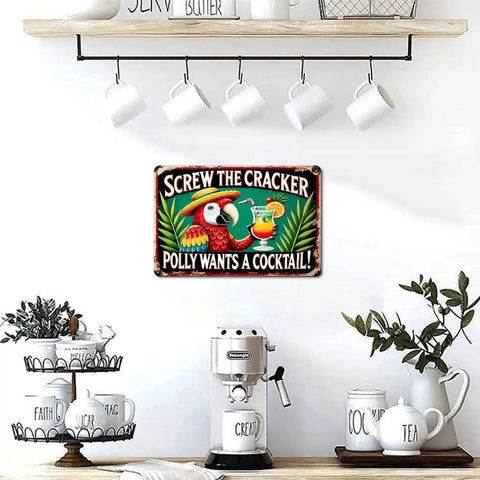 Totally Rad Tropical Bird Cocktail Sign With Rust Resistant Aluminum Metal Wall Art, 20cm, cafe decor with parrot design.