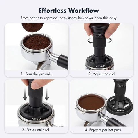 54mm Espresso Tamper With Adjustable 20 To 30 Lb Dial Audible Click Feedback 24 Dial Steps used in step-by-step espresso preparation