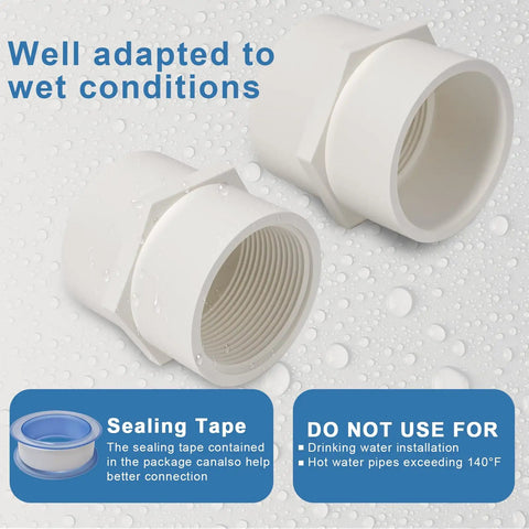 Pack of 2 White 1-1/2 Inch PVC Female Thread Adapters with PTFE Sealing Tape, wet adapted image, Schedule 40 slip socket