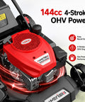 21-Inch Gas Push Lawn Mower With 144cc OHV Engine, Steel Deck, 3-In-1 Mulching Bagging Side Discharge, Easy Start Walk-Behind For Small To Medium Yards engine close-up with recoil start