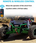 Beefy 12V 4000 LB Electric Winch Kit With About 33 Feet Steel Rope For ATV UTV Tow Off Road Use Includes Wireless Remote Control And Mounting Bracket Included, wireless remote shown with ATV