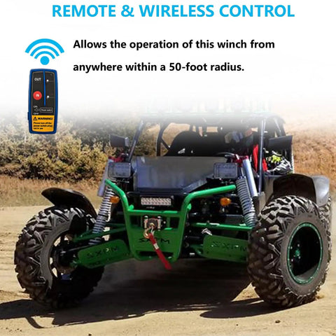 Beefy 12V 4000 LB Electric Winch Kit With About 33 Feet Steel Rope For ATV UTV Tow Off Road Use Includes Wireless Remote Control And Mounting Bracket Included, wireless remote shown with ATV