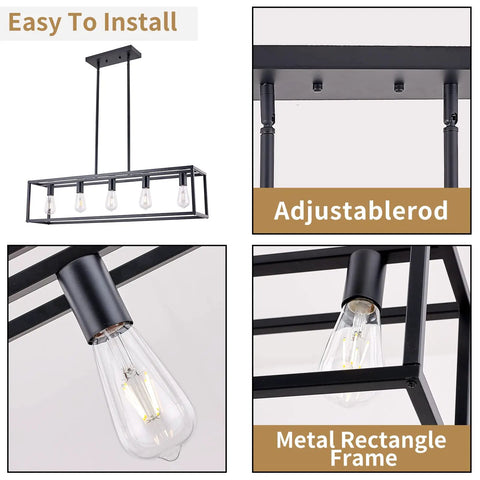 Farmhouse Rectangle Chandelier With Adjustable Height Matte Black 5 Light Industrial Pendant Lighting For Dining Room Kitchen Island And Foyer with adjustable rod and metal frame closeup