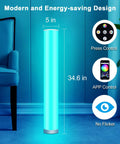 2 Pack RGB Corner Floor Lamps With App And Button Control, showing dimensions and features in living room setting.