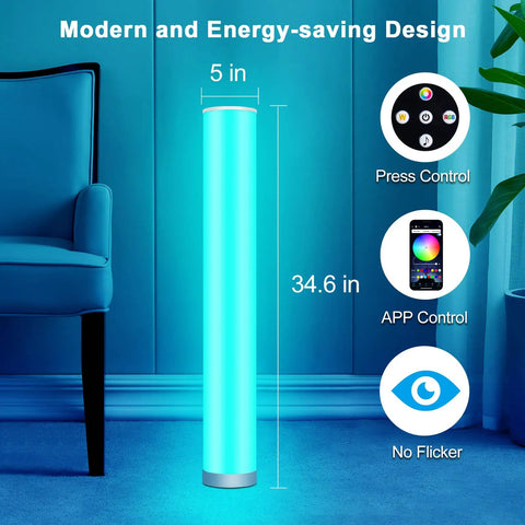 2 Pack RGB Corner Floor Lamps With App And Button Control, showing dimensions and features in living room setting.