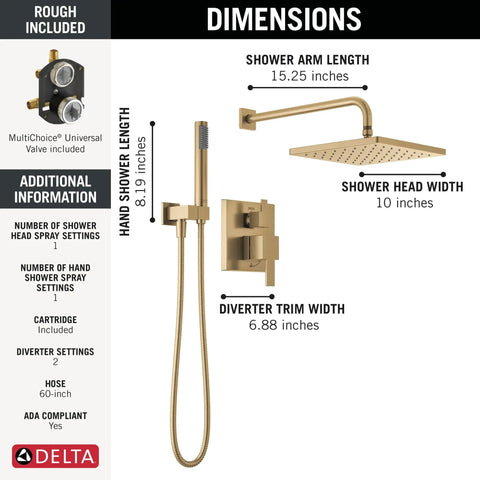 Top Shelf Square Rain Shower System With Ten Inch Overhead Spray Head And Wall Mount Handheld Sprayer In Brushed Gold Champagne Bronze Finish Includes Complete Valve Trim Kit For Simple Diy Upgrades