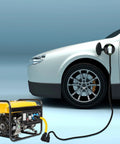 Straight Up Solid Nema L6 30P To 14 50R Ev Charger Adapter Cord connected from a yellow generator to an electric vehicle.