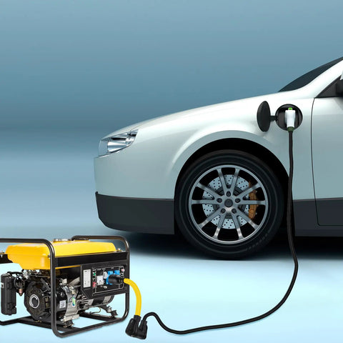 Straight Up Solid Nema L6 30P To 14 50R Ev Charger Adapter Cord connected from a yellow generator to an electric vehicle.