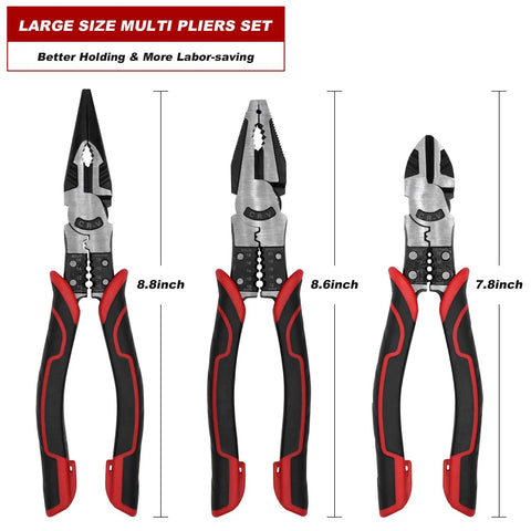 Heavy Duty 5 In 1 Pliers Set with Linesman Pliers, Diagonal Cut Pliers, Needle Nose Pliers, sizes labeled 8.8, 8.6, 7.8 inches