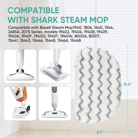 Four Pack Microfiber Steam Mop Pads For PowerFresh Models with zigzag pattern, shown with compatible mop models.