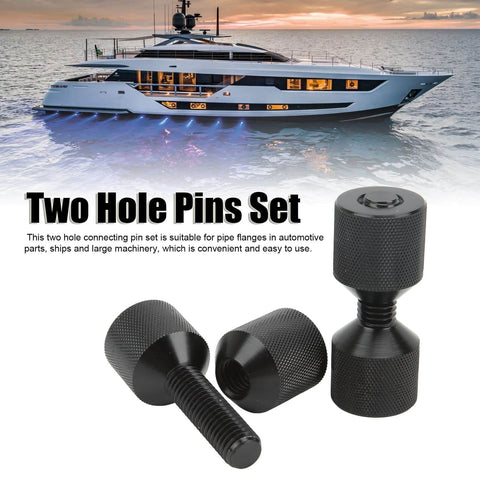 Two Hole Pipe Flange Alignment Pins In Anodized Black Aluminum, shown with a yacht in the background.