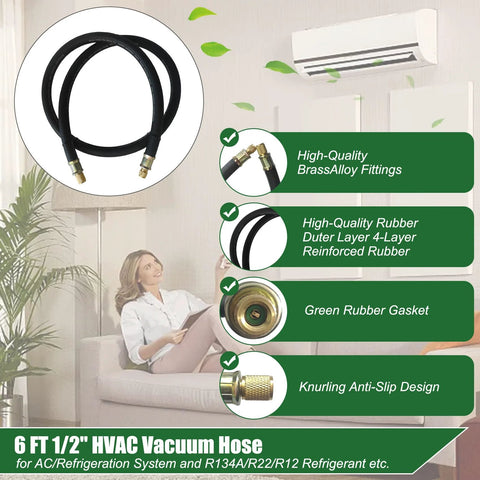 Amazon NHB1 6ft HVAC vacuum hose 1/2 inch ID with 3/8 to 1/4 inch brass fittings black rubber hose