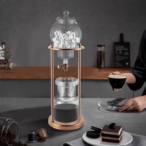 Chill Mode Ice Cold Brew Dripper Coffee Maker Featuring 600ml Borosilicate Glass And Stainless Steel Slow Drip Extraction System, showcasing iced coffee preparation.