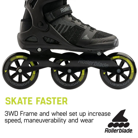 Macroblade 110 3WD Mens Go-To Fitness Inline Skate With Black And Lime Colorway close-up showing 110mm wheels and aluminum buckle