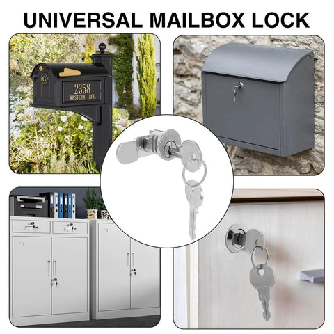 Universal Mailbox Lock Replacement Kit with Four Keys and Five Lock Size Options installed on various mailboxes