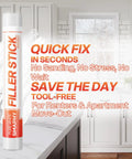 White Wood Filler Sticks 3 Pack Quick Dry Putty For Nail Holes Baseboard Dings And Cabinet Touch Ups No Sanding Needed displayed in a bright kitchen.