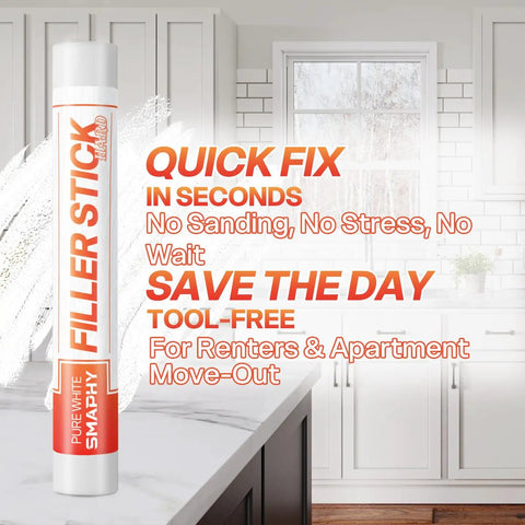 White Wood Filler Sticks 3 Pack Quick Dry Putty For Nail Holes Baseboard Dings And Cabinet Touch Ups No Sanding Needed displayed in a bright kitchen.