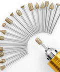 Rotary Tool Diamond Burr Bit Set, 20Pcs Diamond Coated Grinding Bits With 1/8 Inch Shank displayed in various shapes and sizes
