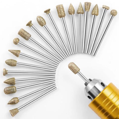 Rotary Tool Diamond Burr Bit Set, 20Pcs Diamond Coated Grinding Bits With 1/8 Inch Shank displayed in various shapes and sizes
