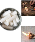 Easy Light Tinder for Camping and Survival natural wood fiber tinder in a tin, in use for waterproof fire starter, outdoors.