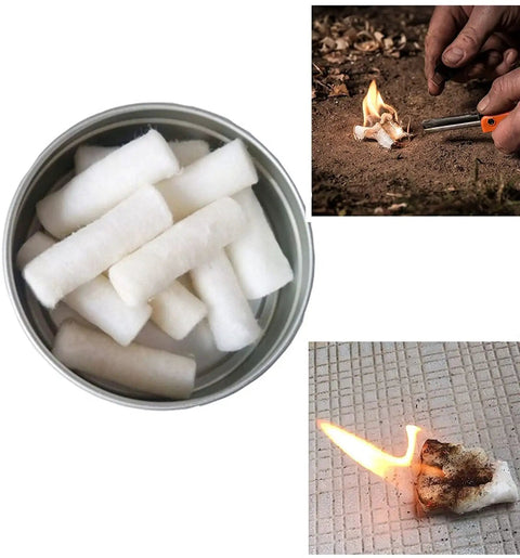 Easy Light Tinder for Camping and Survival natural wood fiber tinder in a tin, in use for waterproof fire starter, outdoors.