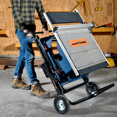 Portable Table Saw Stand With Rock Solid Folding Frame Roll It Around Shop Or Job Site On Grippy Eight Inch Wheels Supports 330 Pounds being wheeled on a concrete floor.