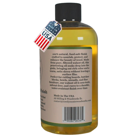 Straight Up Top Shelf Refined Walnut Oil For Wooden Kitchen Items And Cutting Boards 9 Fl Oz bottle with a label detailing usage.