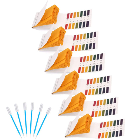 Best Value Six Pack pH Test Strips Kit With 480 Strips Full Range 1 To 14 Litmus Paper For Water Wine Saliva Urine Soil Soap Making Testing Includes Six Pipette Droppers And Storage Case, showing litmus paper and droppers.